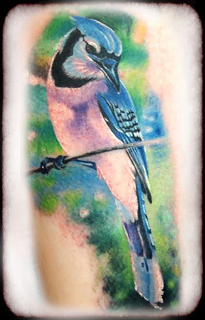Blue and green bird tattoo